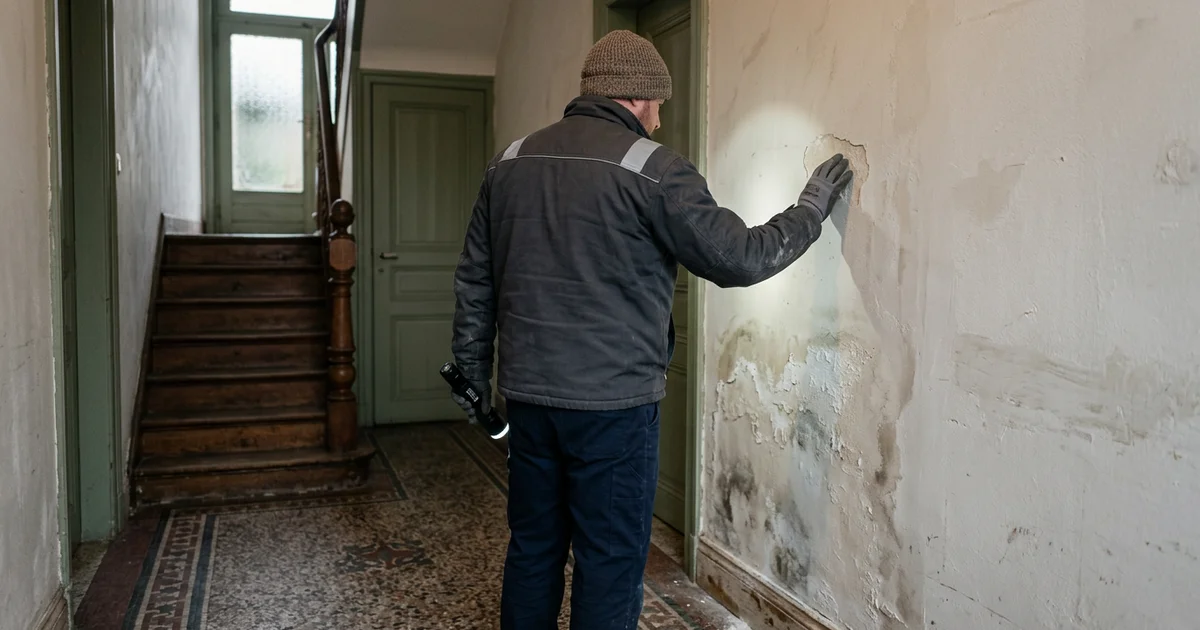 Vakman inspecteert een vochtige muur met een zaklamp