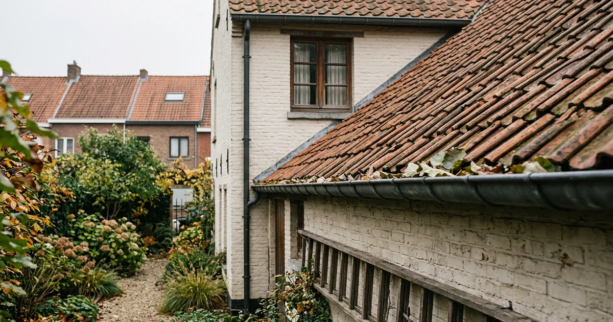 Een dak met dakpannen en een regenwaterafvoer, gezien vanaf de tuin