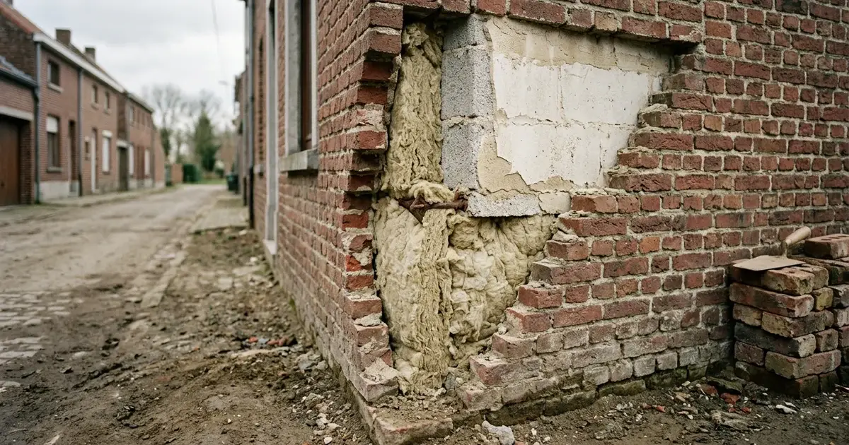Open spouwmuur in een Vlaamse baksteenwoning met zichtbare isolatie in de spouw