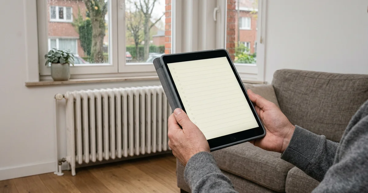 Bewoner leest een lijst met vragen op een tablet in een woonkamer