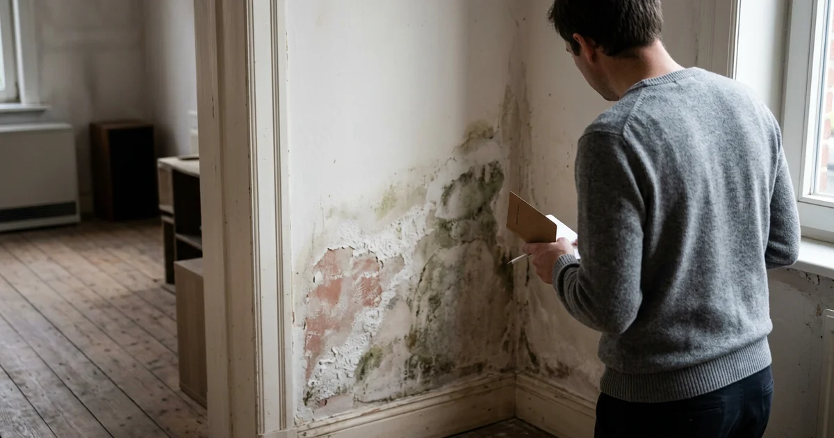 Bewoner bekijkt een vochtige muur met een notitieblok in de hand