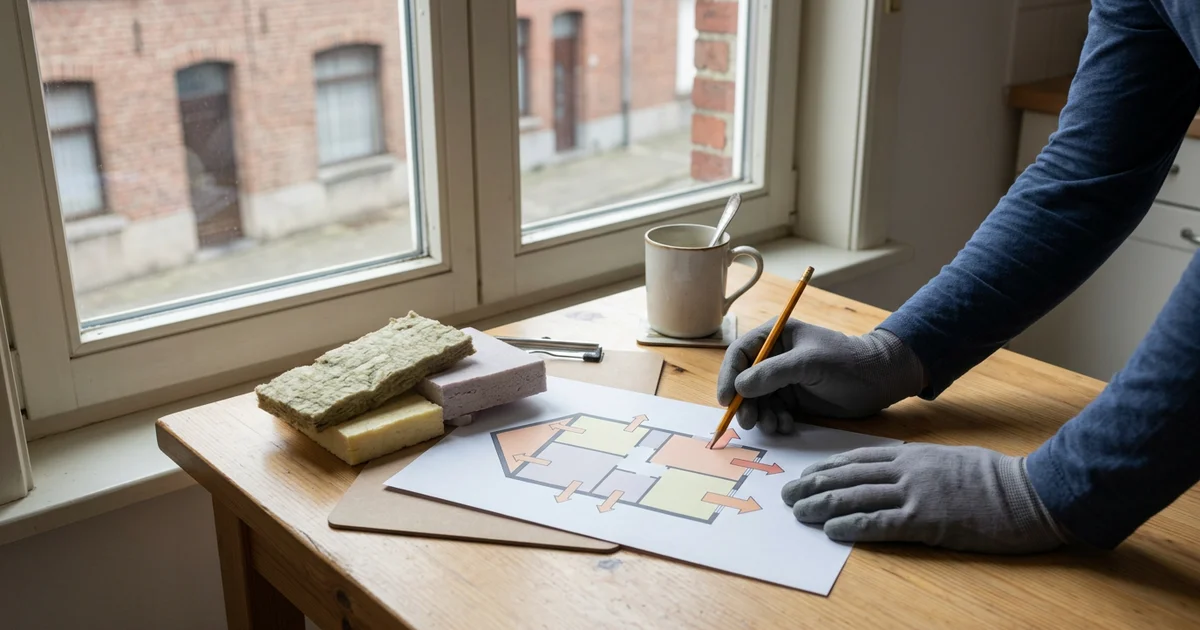 Plattegrond en potlood op een keukentafel voor een raam met baksteenwoningen