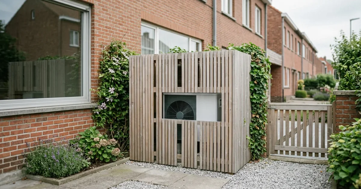 Buitenunit van een warmtepomp met geluidsscherm in een zijtuin