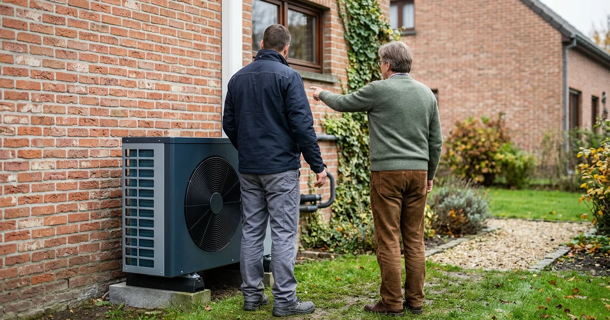 Installateur en bewoner bespreken de plaats van de warmtepomp naast de woning