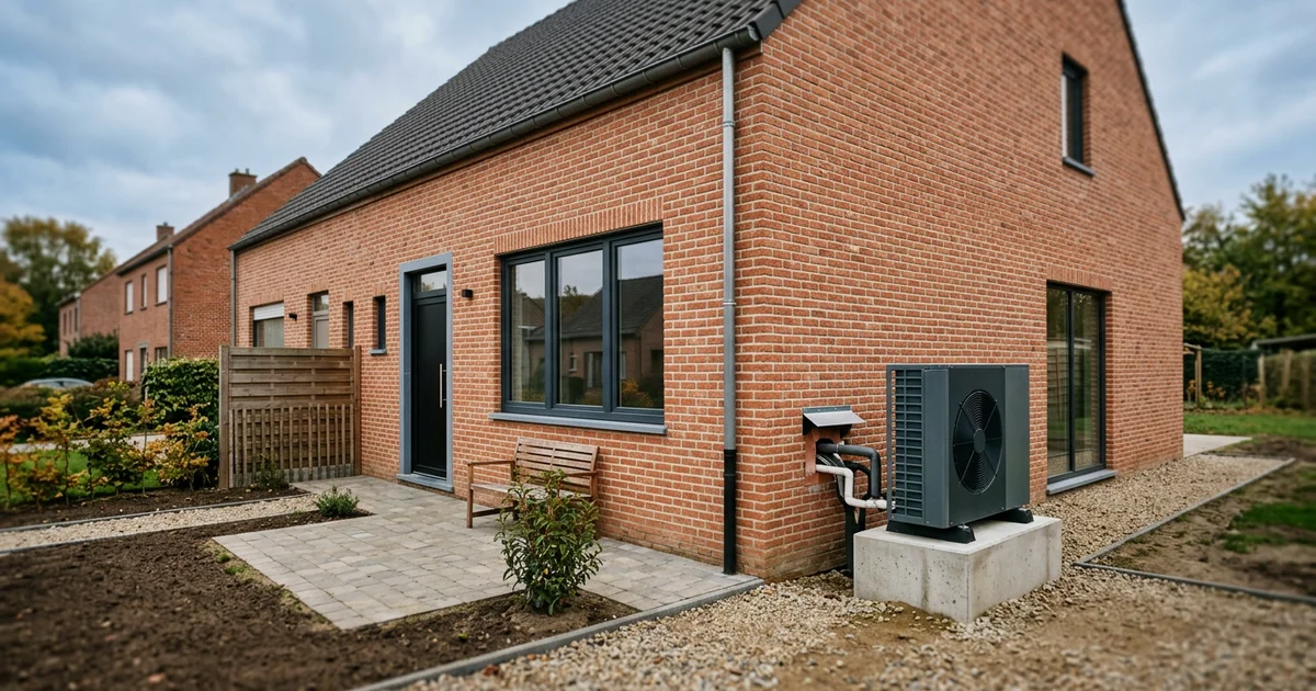 Nieuwbouwwoning met een buitenunit van een warmtepomp naast het terras