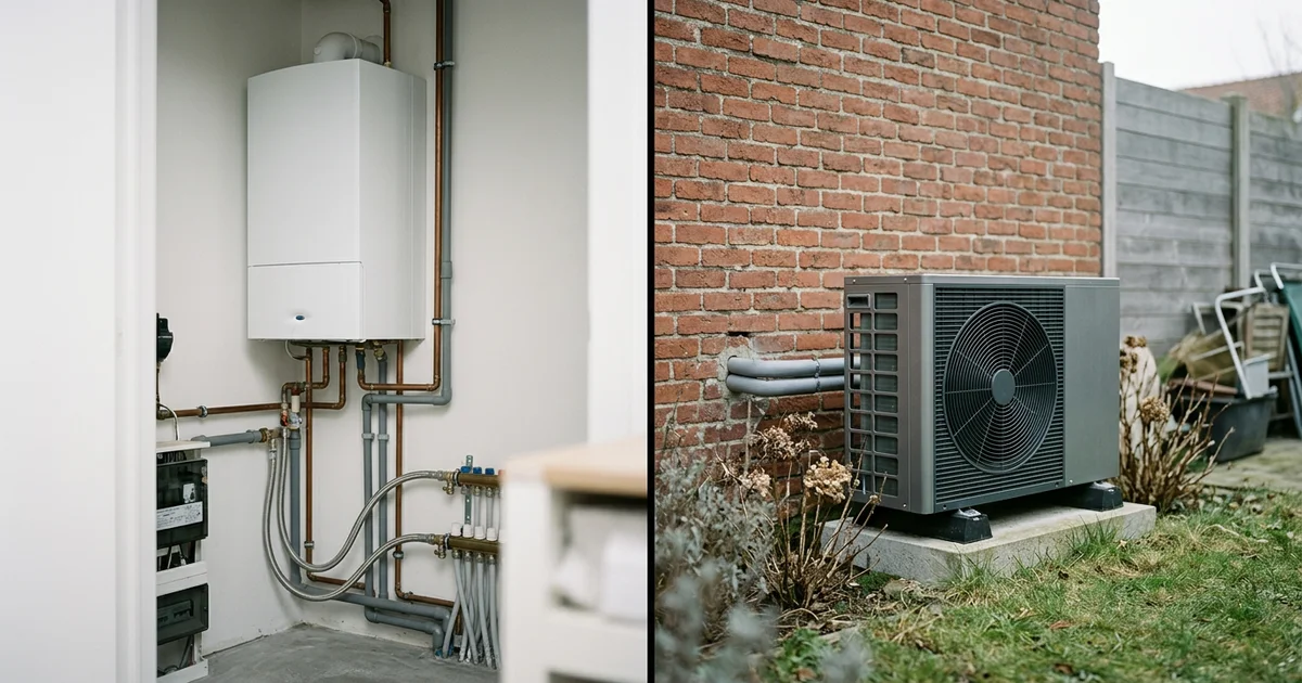 Vergelijking tussen een gasketel binnen en een warmtepomp buiten