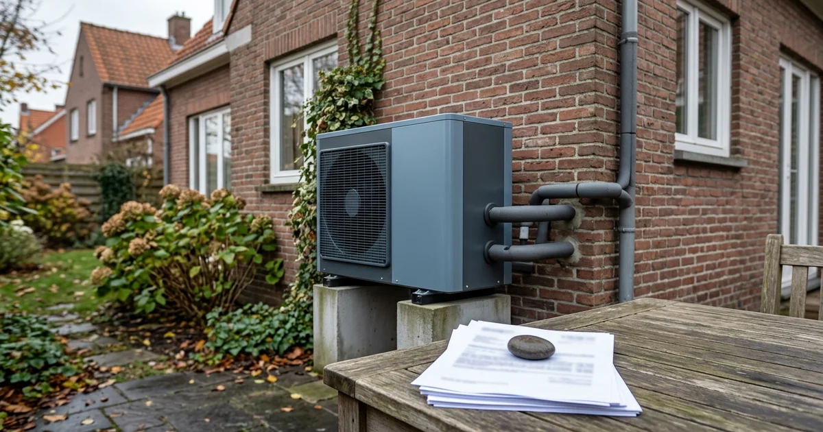 Buitenunit van een warmtepomp met offertes op een tuintafel