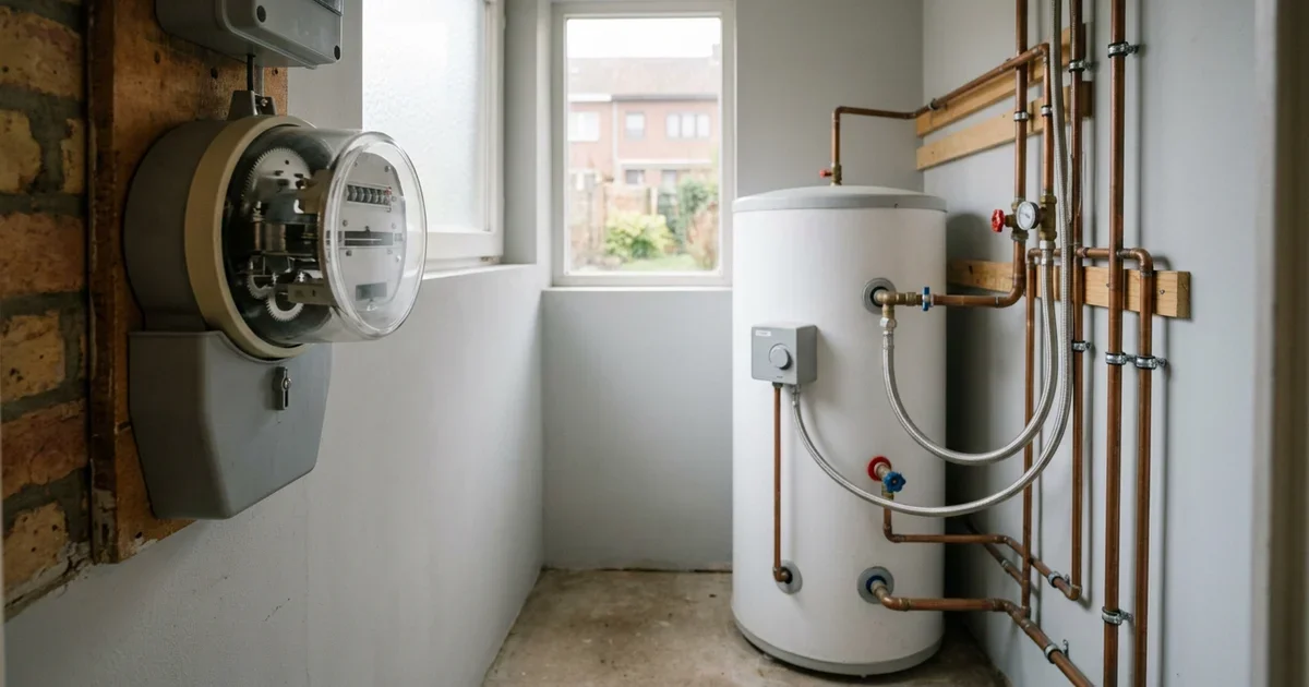 Meterkast en binnenmodule van een warmtepomp in een garage