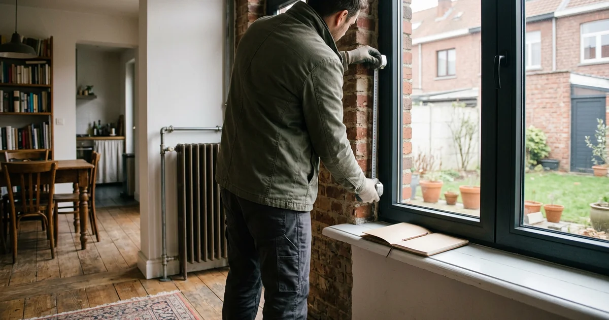 Installateur neemt maten op in een woonkamer om het vermogen van een warmtepomp te bepalen