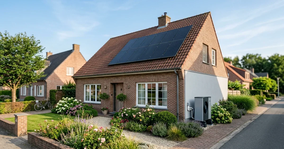Woning met zonnepanelen op het dak en een warmtepomp bij de achterdeur