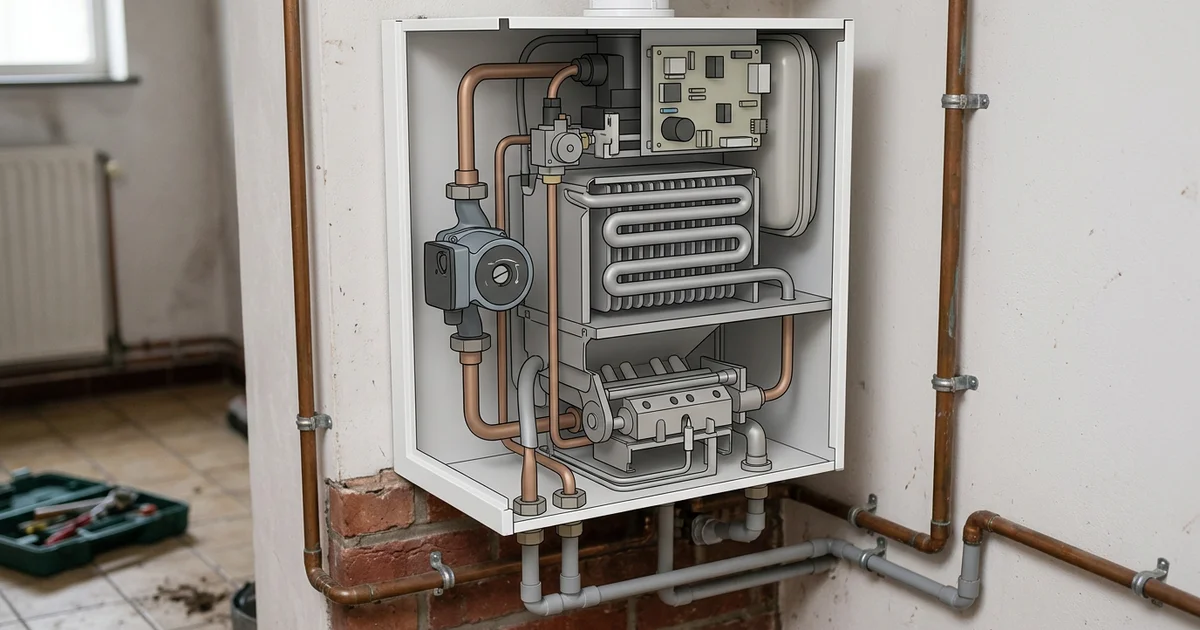 Schematische opengewerkte ketel met brander, warmtewisselaar en pomp