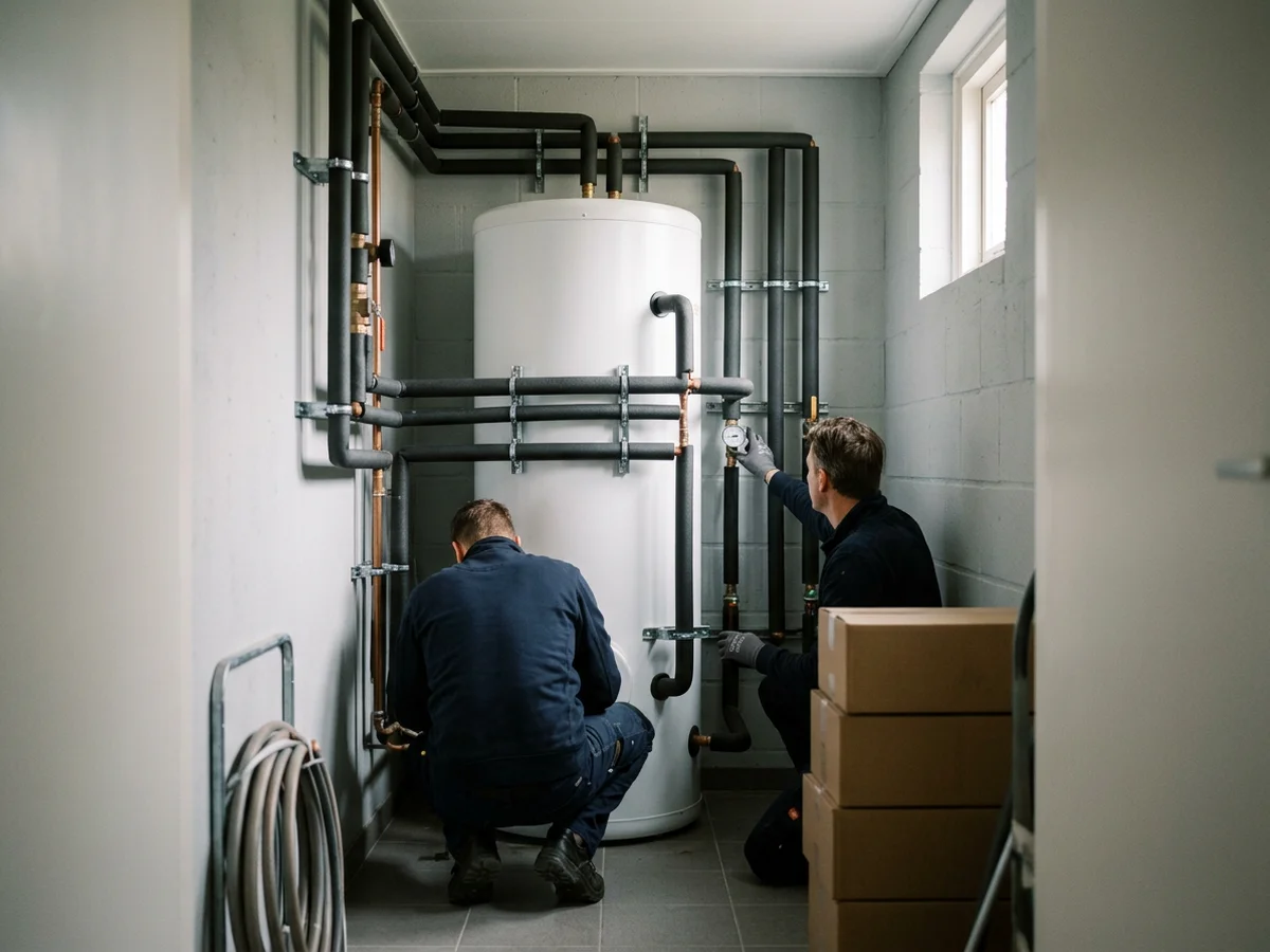 Binnenunit met boilervat in een technische ruimte