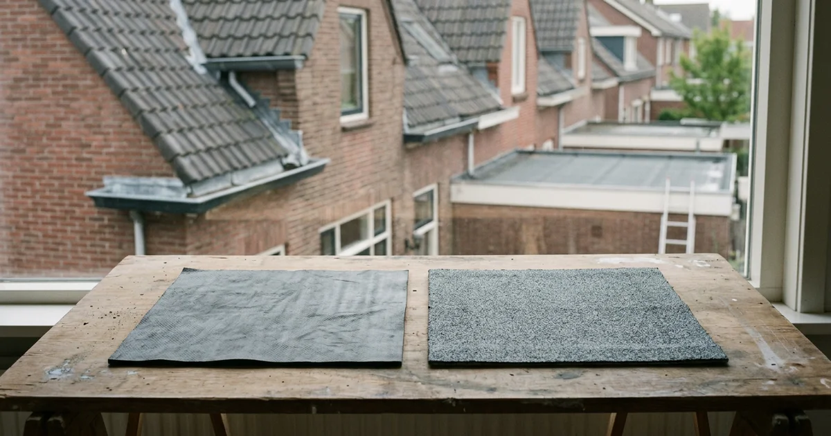 Twee stalen van dakbedekking voor een plat dak naast elkaar op een tafel
