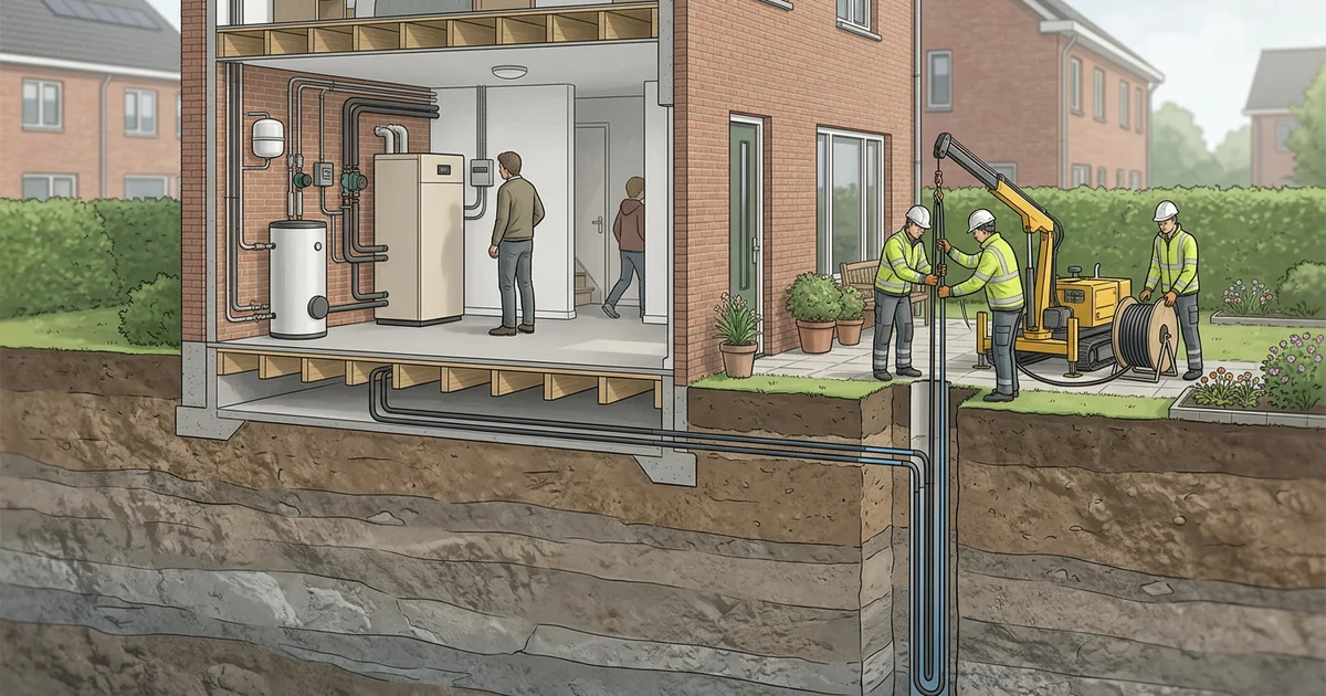 Doorsnede van een tuin met verticale bodemlus en binnenunit