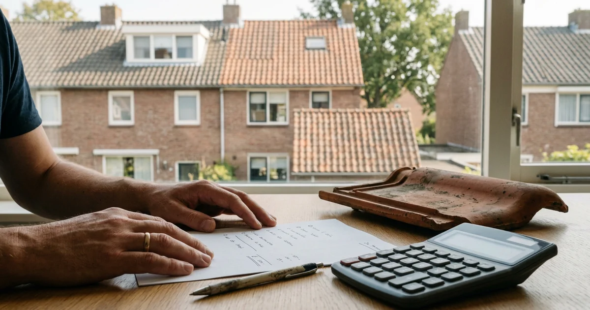 Offerte met aparte regels, een rekenmachine en een dakpan op tafel, met handen van een bewoner