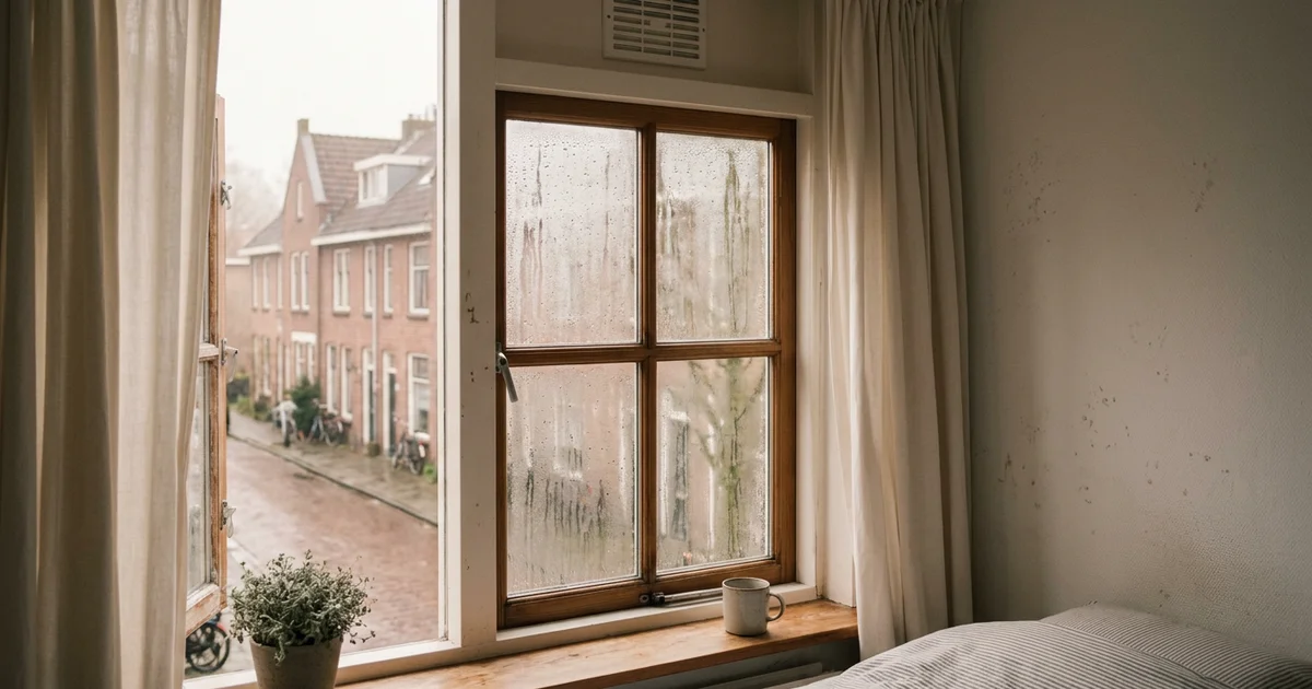 Beslagen raam in een slaapkamer met druppels aan de binnenkant van het glas