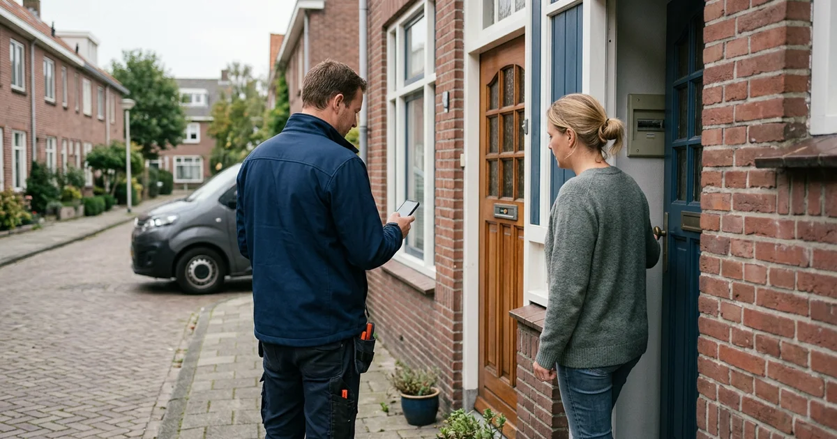 Installateur toont een digitaal bewijs van certificering aan een bewoner bij de voordeur