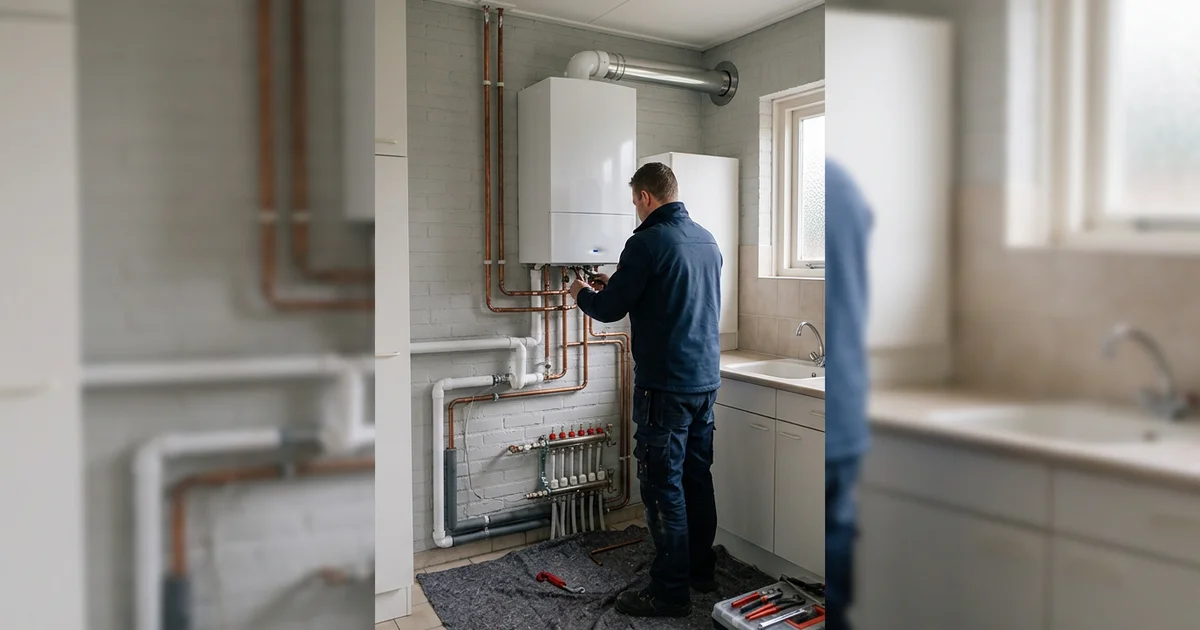 Installateur plaatst een nieuwe cv-ketel aan de muur van een bijkeuken