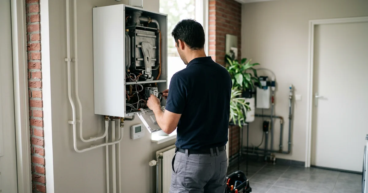 Monteur onderhoudt een cv-ketel met open frontpaneel in een bijkeuken