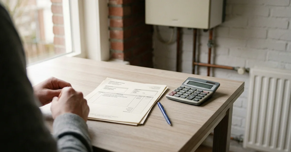 Offerte voor een cv-ketel, rekenmachine en pen op een keukentafel