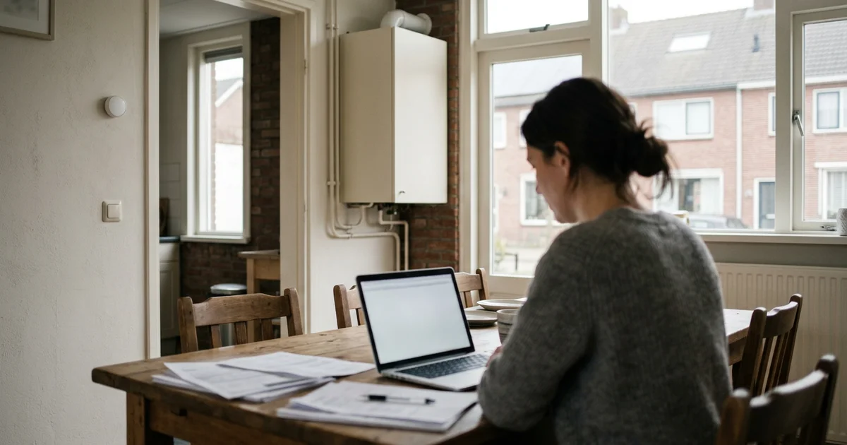 Bewoner vult op een laptop een subsidieaanvraag in naast een cv-ketel-offerte
