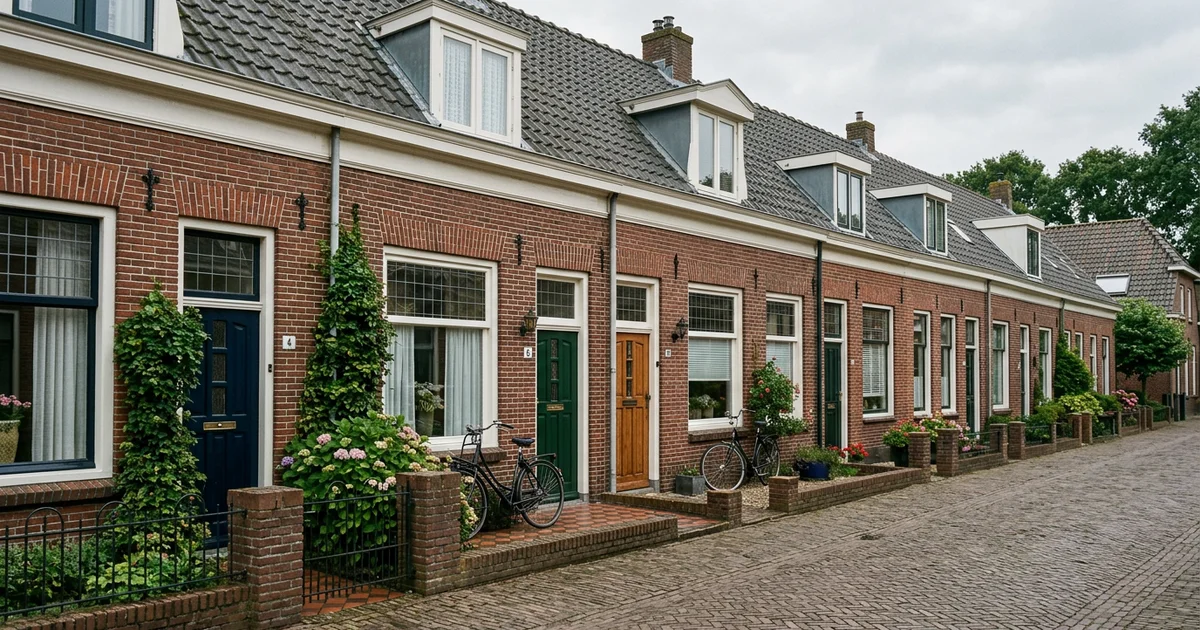 Rijtjeswoningen in een Nederlandse wijk met schoorstenen en een gasmeterkast