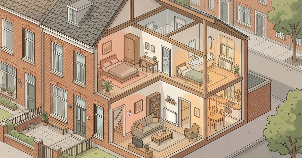 Doorsnede van een Nederlandse rijtjeswoning met verwarmde zones, thermostaat en radiator