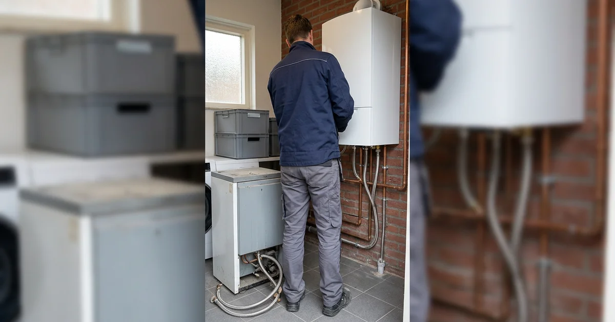 Oude en nieuwe cv-ketel naast elkaar tijdens een vervanging in een bijkeuken