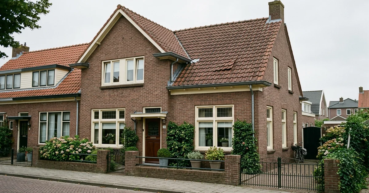 Gevelzijde van een woning met een pannendak waarvan enkele pannen verschoven zijn