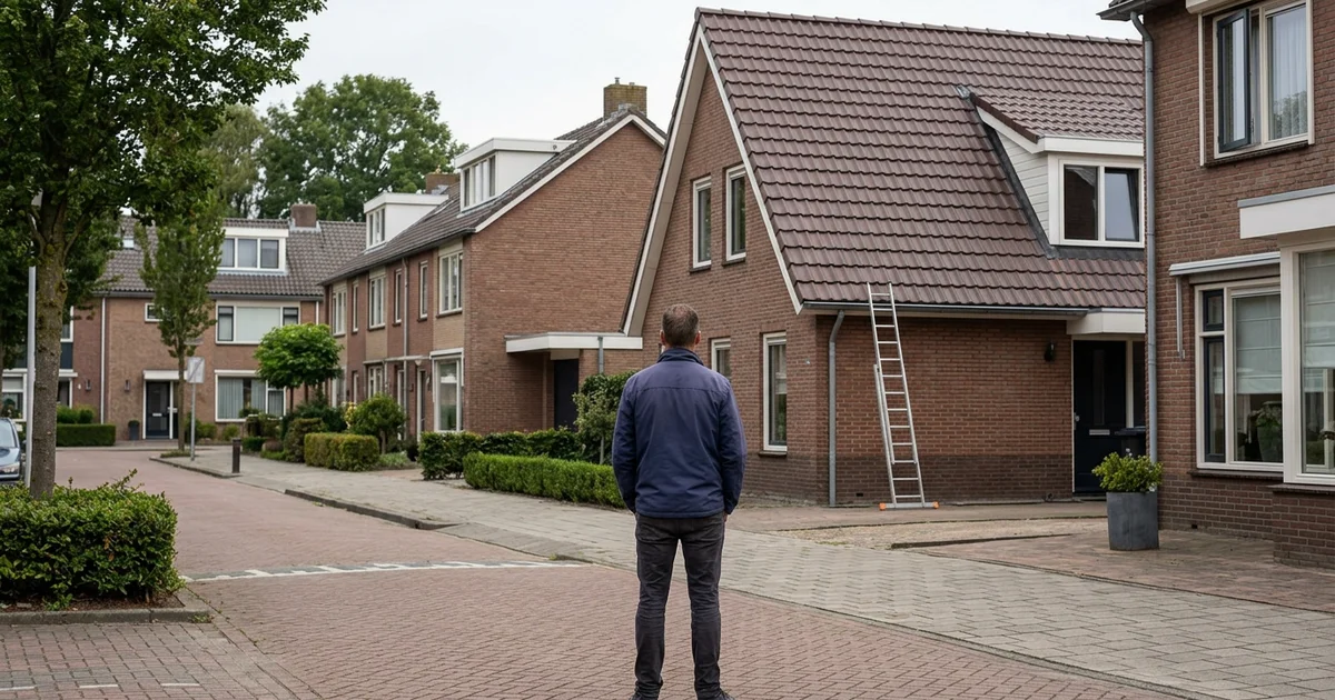 Bewoner bekijkt vanaf de oprit een afgerond pannendak bij een buurwoning