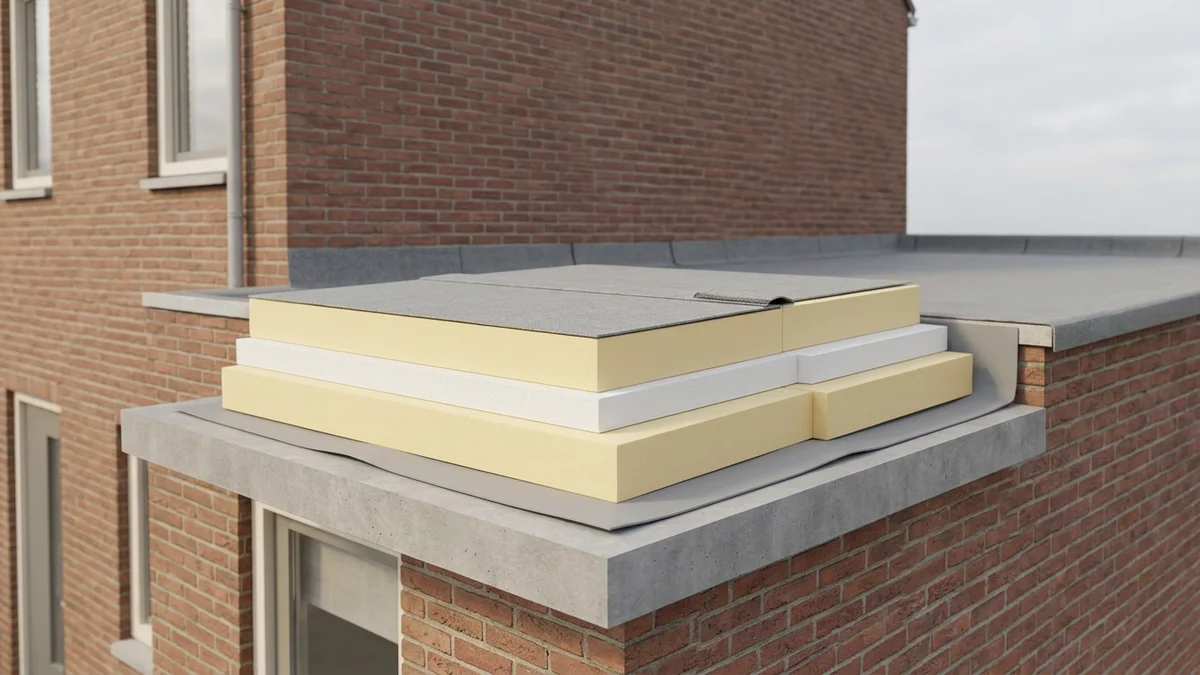 Doorsnede van de lagen van een plat dak met isolatie onder de dakbedekking