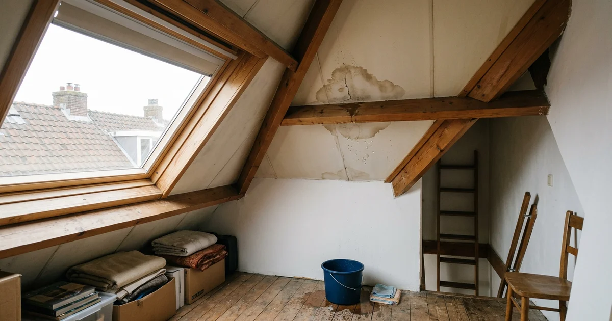 Vochtplek op een zolderplafond met een emmer op de vloer eronder
