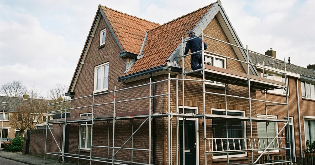 Woning met een dakdekker op een steiger met leuning die een dakrand herstelt