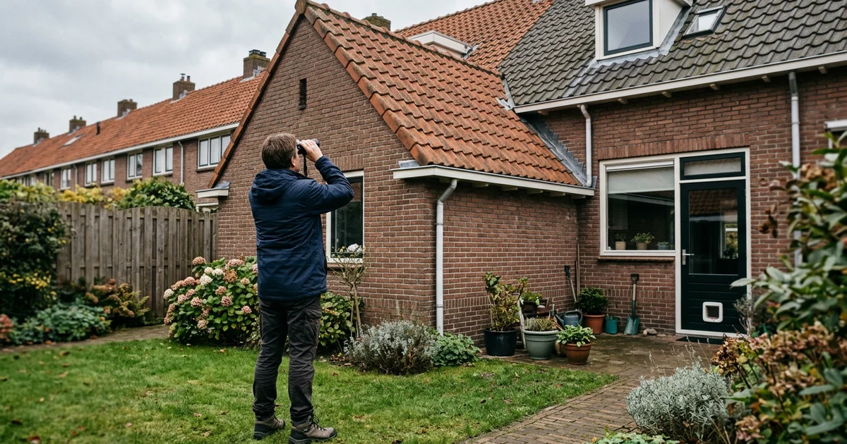 Bewoner controleert vanaf de tuin met een verrekijker het pannendak van de woning