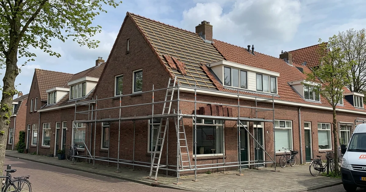 Woning met steiger langs het dakvlak tijdens een dakrenovatie