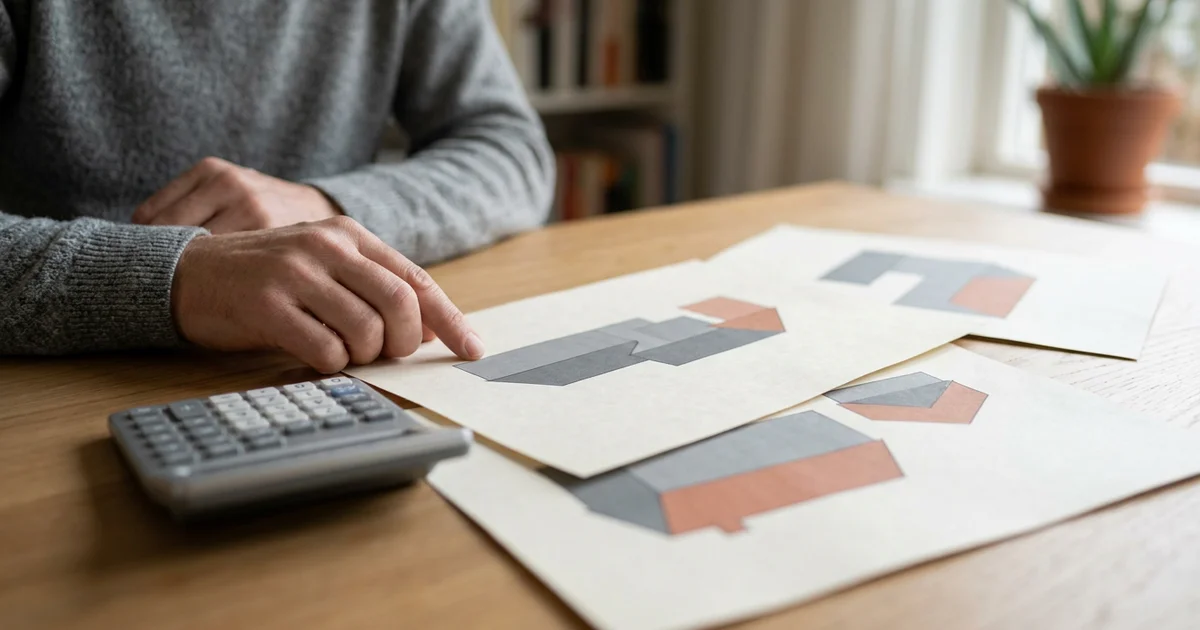Offerte voor dakwerk met een plattegrond van een dak en een rekenmachine op tafel