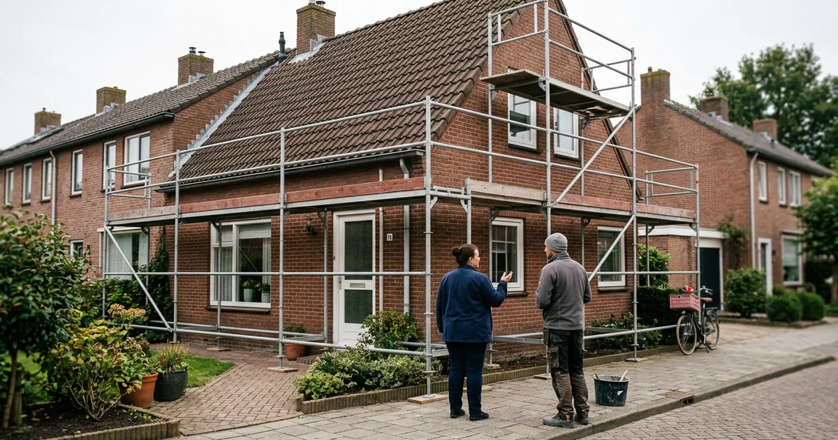 Woning met steiger voor dakwerk en een bewoner die de werkzaamheden bespreekt