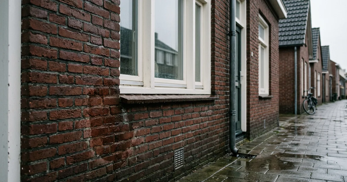 Natte baksteengevel na regen met een donkere vochtplek bij een raamkozijn