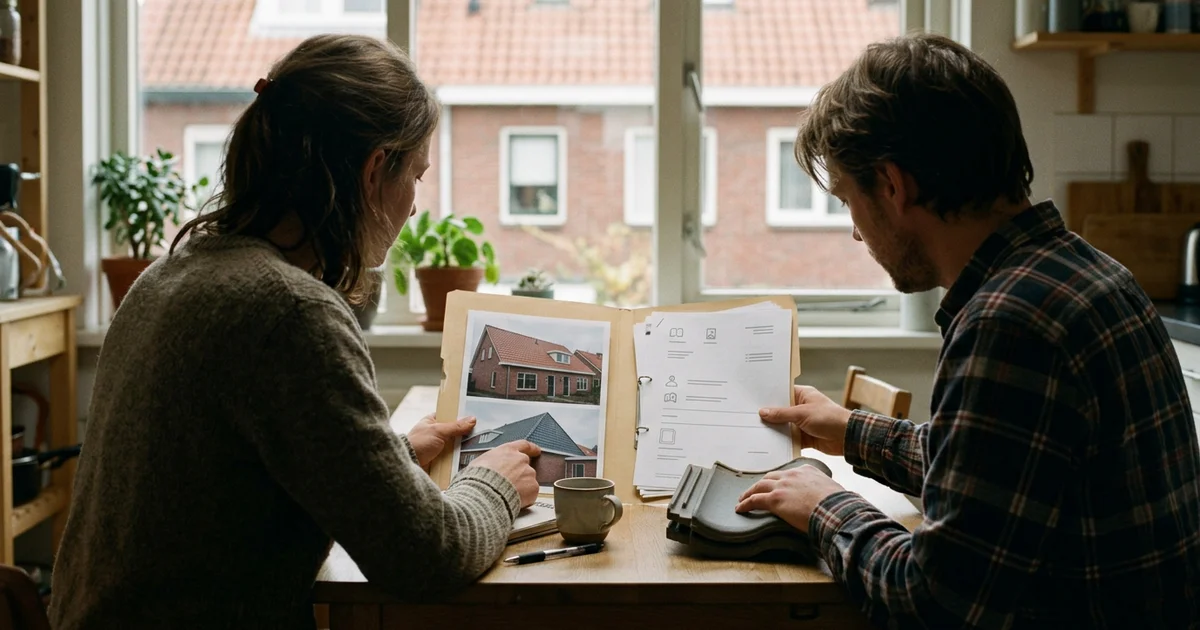 Twee personen van achteren aan een keukentafel met foto's van een pannendak en een map