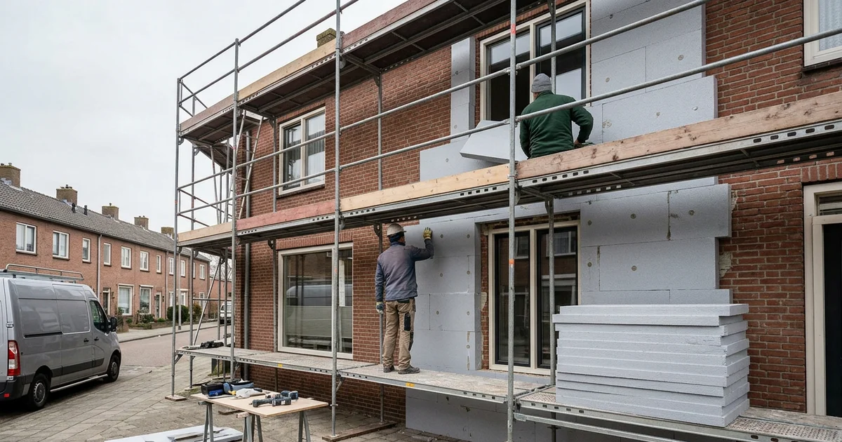 Rijtjeswoning met steiger waarvan de gevel wordt bekleed met isolatieplaten