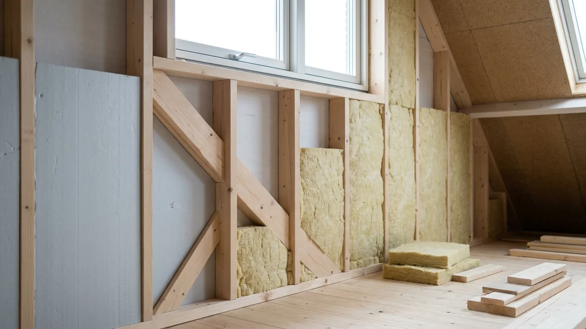 Binnenmuur met houten regelwerk en platen voordat de voorzetwand wordt afgewerkt