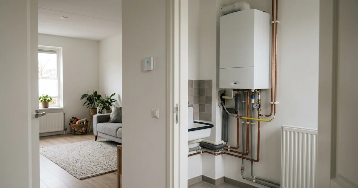 Cv-ketel in een bijkeuken, met radiator en thermostaat in de woonkamer ernaast