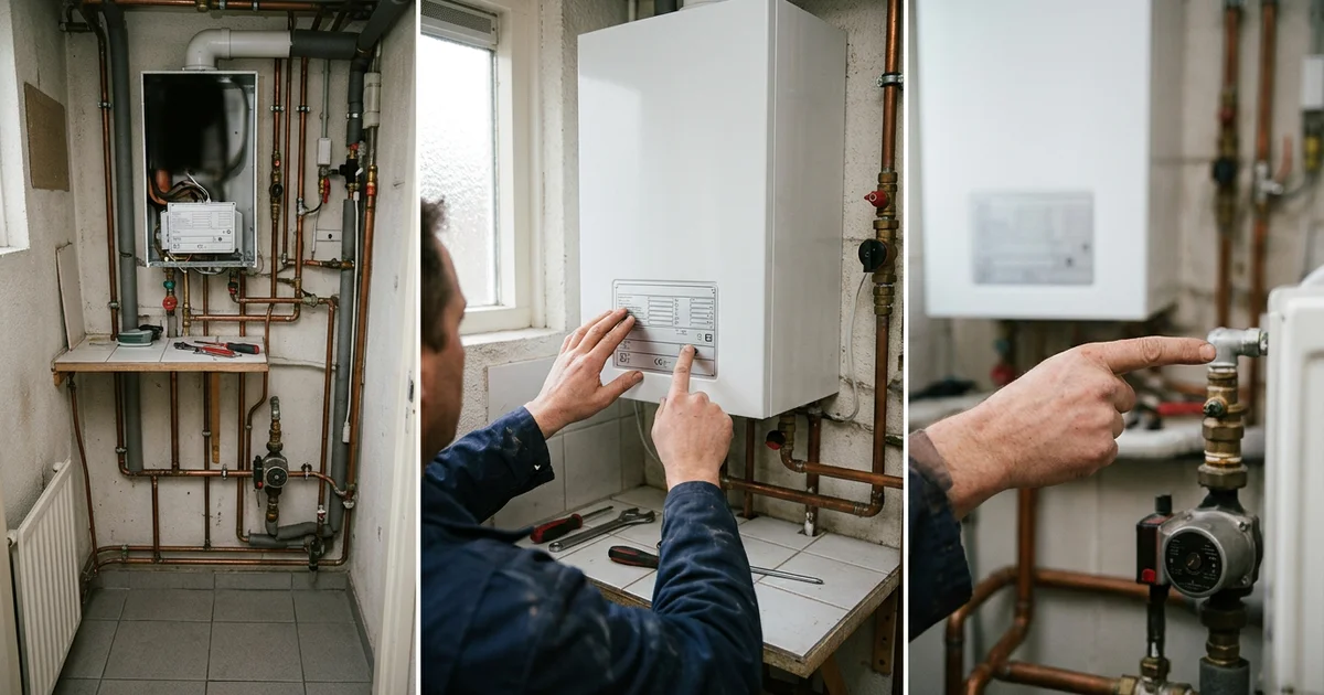 Installateur bekijkt het typeplaatje van een HR-ketel in een bijkeuken