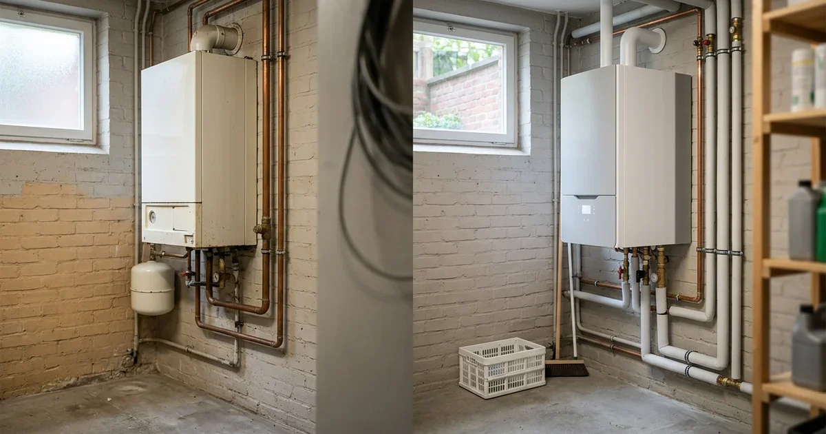 Cv-ketel met daarnaast een binnenunit van een hybride warmtepomp