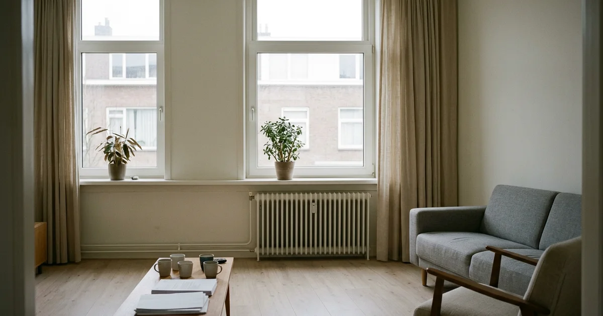 Woonkamer van een huurwoning met een radiator onder het raam