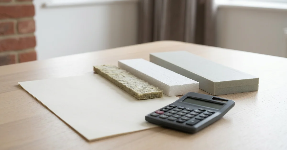 Rekenmachine en drie stroken isolatiemateriaal van verschillende dikte op een offerte
