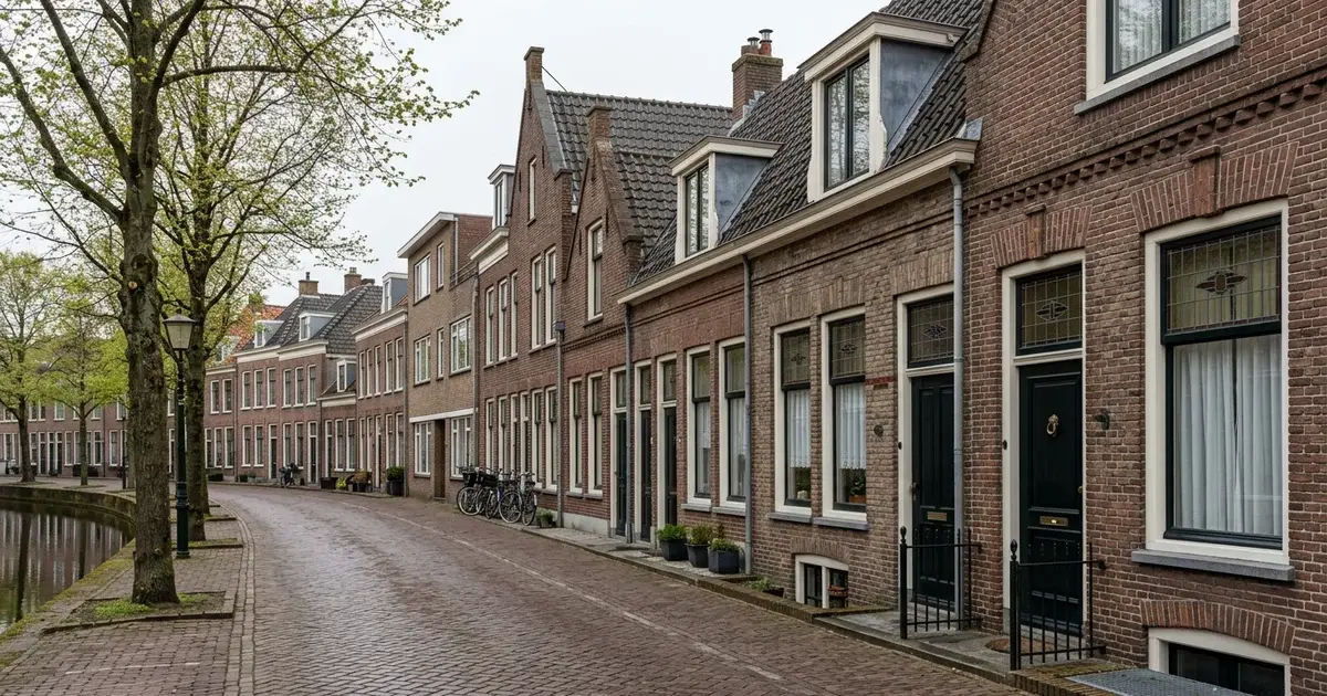 Bakstenen gevels van een historische Nederlandse straat met rijtjeshuizen