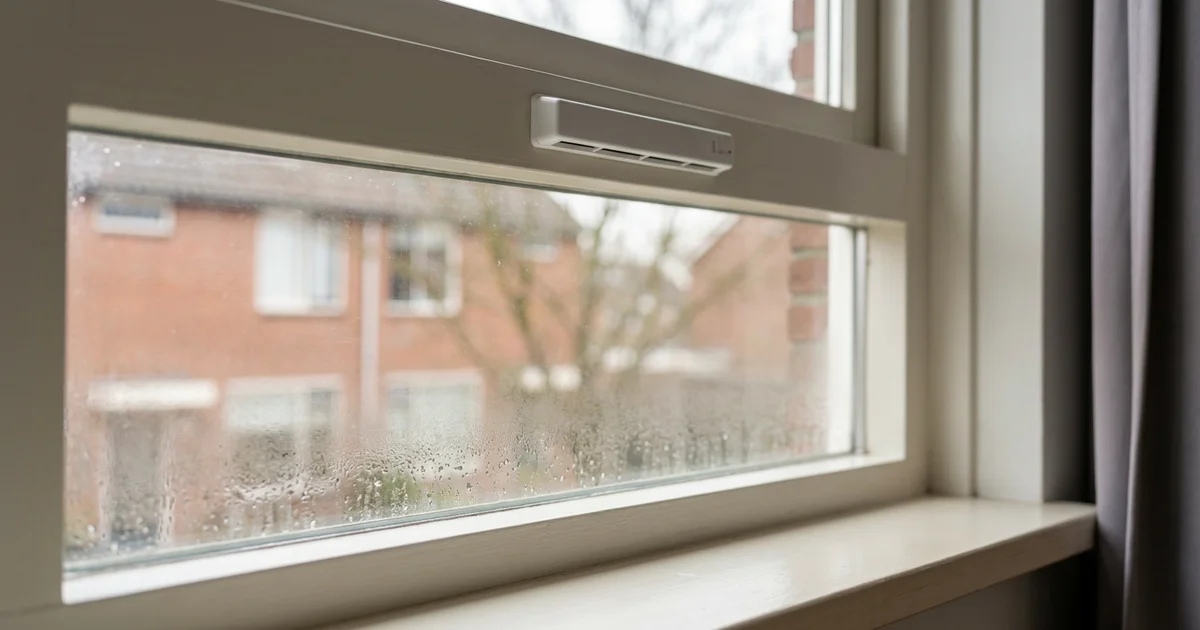 Raam met lichte condens en een ventilatierooster in daglicht