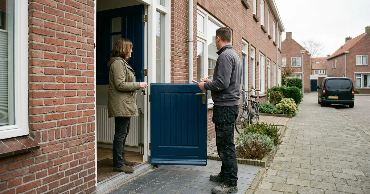 Bewoner en vakman in gesprek bij een voordeur, gezichten buiten beeld