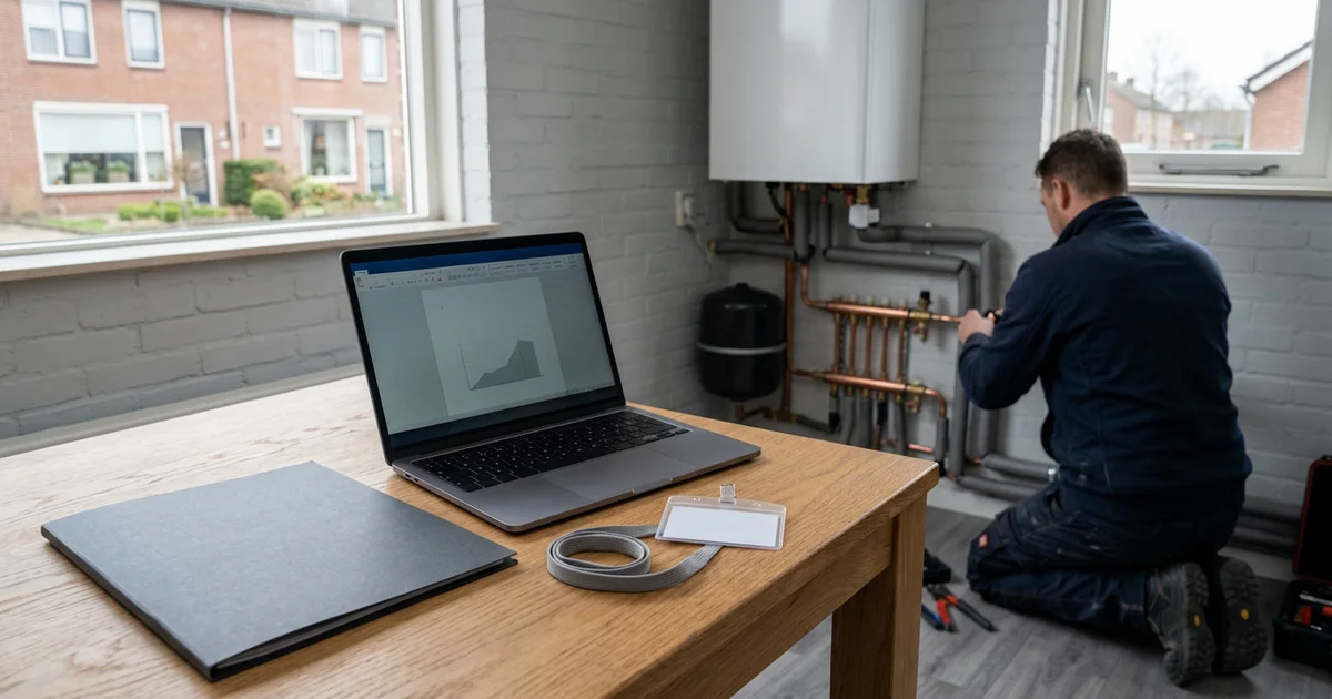 Map met certificaten en laptop bij het controleren van een installateur